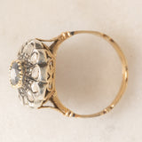 Anello a margherita vintage in stile antico in oro giallo 18K e argento con zaffiro (1ct ca.) e diamanti di taglio rosetta (0.36ctw ca.), anni ‘60/‘70