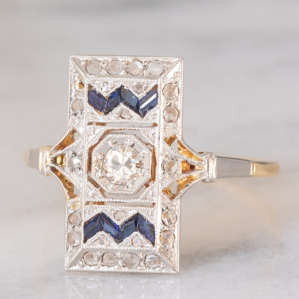 *RISERVATO* Anello Art Déco in oro giallo e bianco 18K con diamanti e zaffiri, anni ‘30