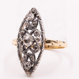 Anello a navette antico in oro giallo 14K e argento con diamanti di taglio rosetta (0.30ctw ca.), primi del ‘900