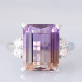 Anello da cocktail vintage in platino con ametrina (7.55ct) e diamanti (0.33ctw), anni ‘80/‘90