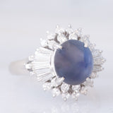 Anello ballerina vintage in platino con zaffiro stellato (4.59ct) e diamanti (0.85ctw), anni '90