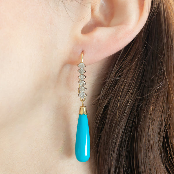 Orecchini pendenti vintage in oro giallo 14K con paste di turchesi e diamanti (0.60ctw ca.), anni ‘70