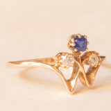 Anello Art Nouveau in oro giallo 14K con pasta di vetro blu e diamanti di taglio vecchia miniera (0.06ctw ca.), anni ‘10