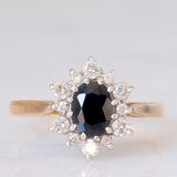 Anello a margherita vintage in oro giallo 9K con zaffiro (1ct ca.) e diamanti di taglio brillante (0.33ctw ca.), anno 1987