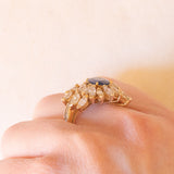 Vintage 18K yellow gold ring with sapphire (1.20ct approx.) and marquise and baguette cut diamonds (2.70ctw approx.), 70s