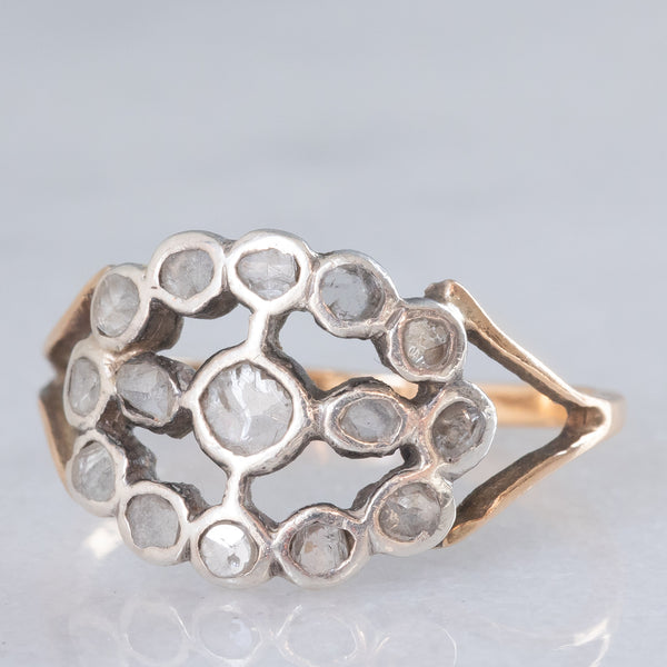 Anello antico in oro giallo 14K e argento con diamanti di taglio rosetta, primi del ‘900