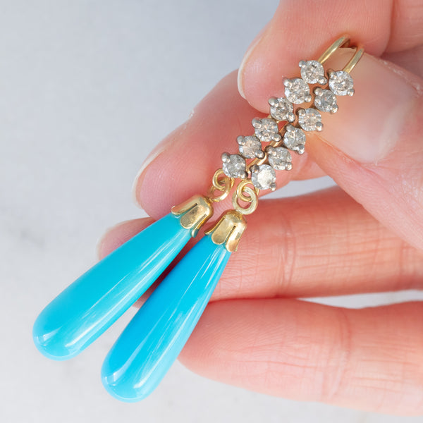 Orecchini pendenti vintage in oro giallo 14K con paste di turchesi e diamanti (0.60ctw ca.), anni ‘70