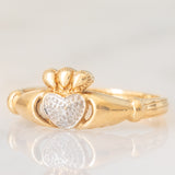 Anello Claddagh vintage in oro giallo e bianco 9K con diamante