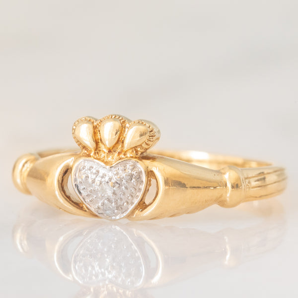 Anello Claddagh vintage in oro giallo e bianco 9K con diamante