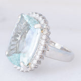 Anello a margherita vintage in platino con acquamarina (17.93ct) e diamanti (1ctw), anni ‘70/‘80