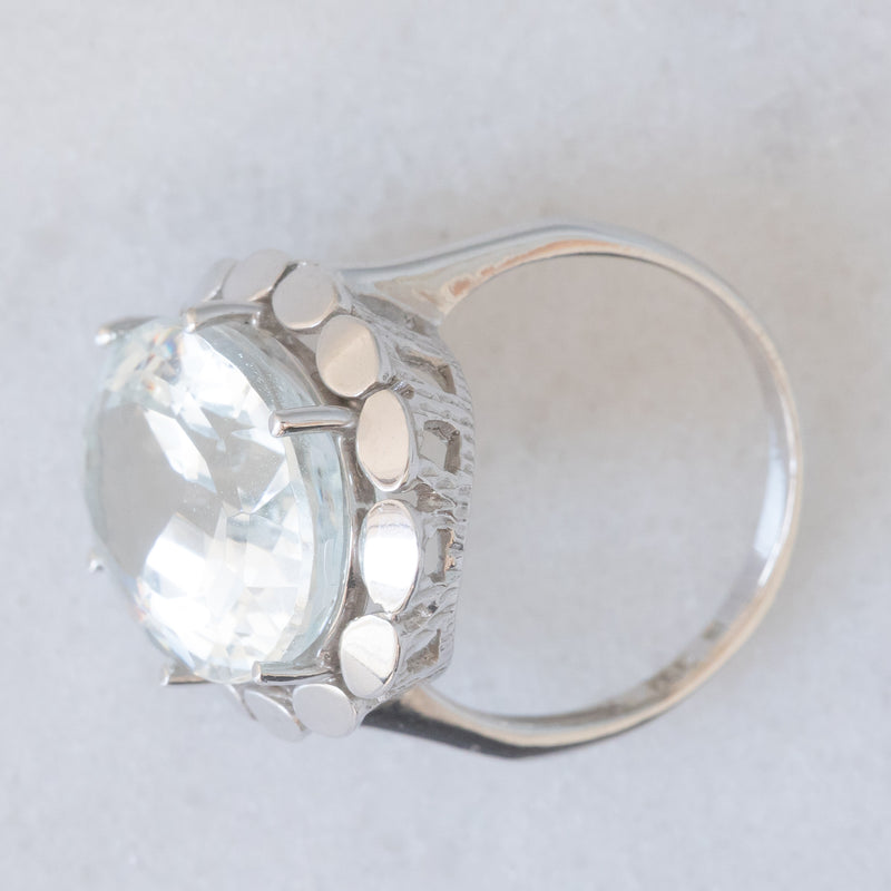 Anello da cocktail vintage in oro bianco 14K con acquamarina (10ct ca.), anni ‘80