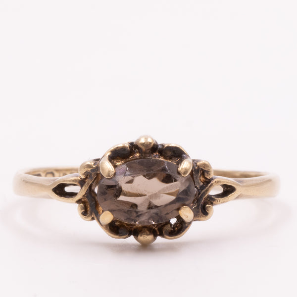 Anello da cocktail vintage in oro giallo 9K con quarzo fumé (0.50ct ca.), anno 1981