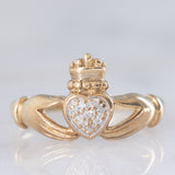 Anello Claddagh vintage in oro giallo 9K con diamanti