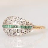 Vintage antique style ring in 14K yellow gold and silver with square cut emeralds (0.12ct approx.) and rose cut diamonds (0.26ctw approx.), 50s/60s