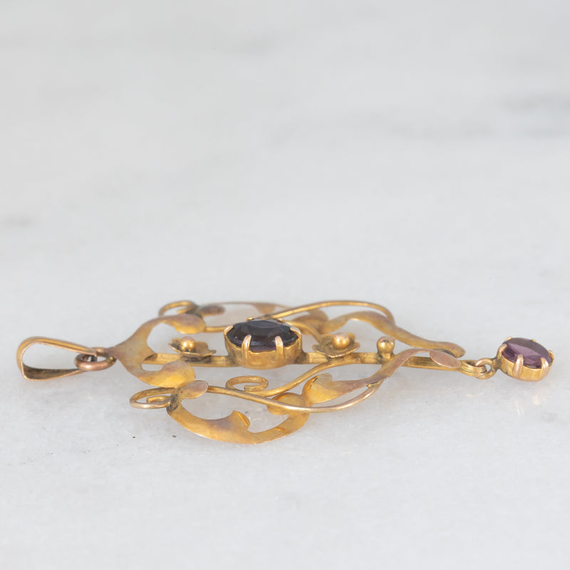 Pendente antico lavalier in oro giallo 9K con ametiste, anni ‘10/‘20