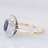 Anello a margherita antico in oro giallo 18K e argento con zaffiro e diamanti di taglio rosetta, anni ‘10/‘20