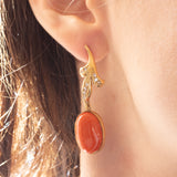 Vintage 18K yellow gold orange coral and diamond drop earrings (approx. 0.18ctw), 60s/70s