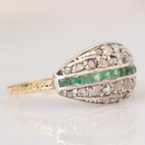 Vintage antique style ring in 14K yellow gold and silver with square cut emeralds (0.12ct approx.) and rose cut diamonds (0.26ctw approx.), 50s/60s