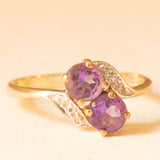 Toi et Moi vintage in oro giallo e bianco 9K con ametiste (0.80ctw ca.) e diamanti (0.06ctw ca.), anno 2000