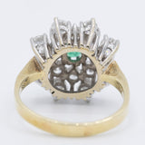 Anello a fiore/fiocco di neve in oro giallo e bianco 14K con smeraldo (0.13ct ca.) e diamanti di taglio brillante (1.24ctw ca.), anni ‘70