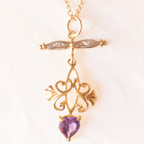 Vintage-Halskette mit Kette aus 9-karätigem Gelbgold und Anhänger aus 9-karätigem Gelbgold mit herzförmigem Amethyst und Diamanten