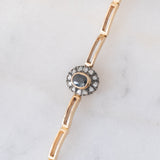 Braccialetto semirigido retrò in oro giallo 14K a argento con zaffiro (1ct ca.) e diamanti di taglio rosetta (0.36ctw ca.), anni ‘40/‘50
