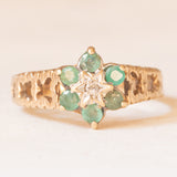 Vintage-Blumenring aus 9-karätigem Gelb- und Weißgold mit Smaragden (ca. 0.09 ctw) und Diamant (ca. 0.01 ct), 90er Jahre