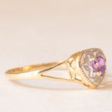 Anello vintage in oro giallo e bianco 9K con ametista (0.24ct ca.) e diamante, anni ‘70/‘80
