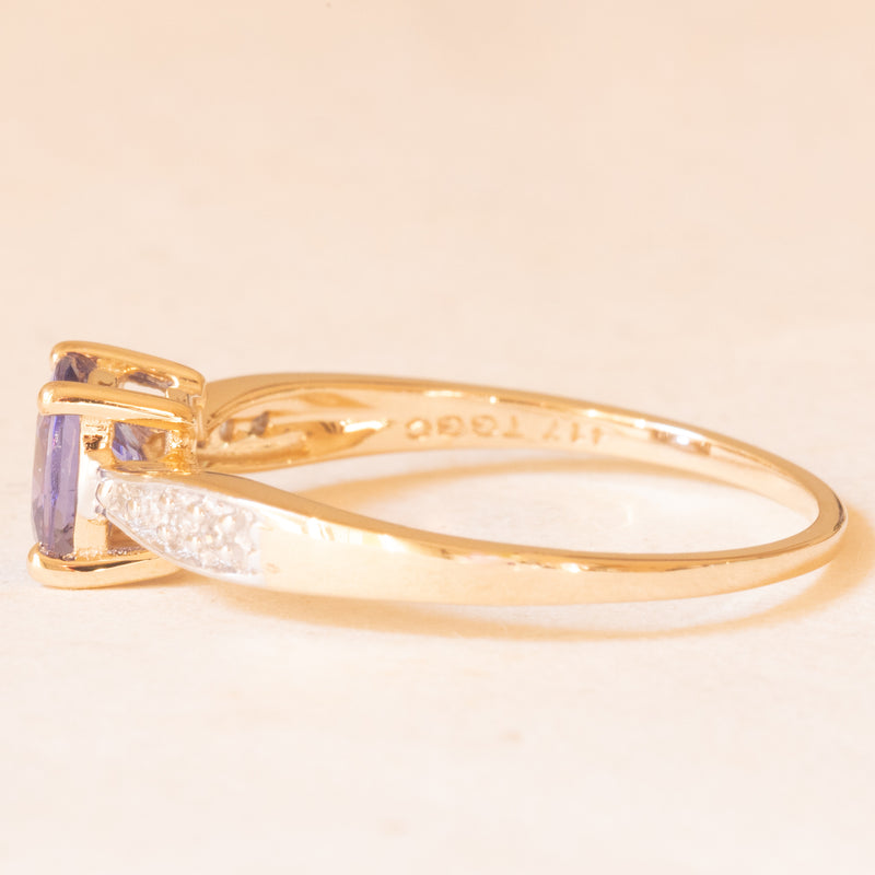 Anello vintage in oro giallo e bianco 10K con tanzanite (0.80ct ca.) e diamanti (0.04ctw ca.), anno 2006