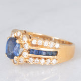 Anello a fascia + a margherita vintage in oro giallo 14K con zaffiri (0.65ctw ca.) e diamanti (0.25ctw ca.), anni ‘70