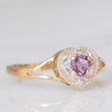 Anello vintage in oro giallo e bianco 9K con ametista di taglio a cuore (0.22ct ca.) e diamante, anni ‘90