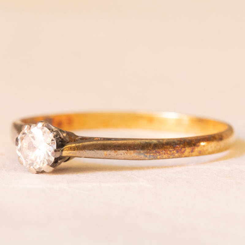 Solitario vintage in oro giallo 18K con diamante di taglio brillante (0.20ct ca.), anno 1982
