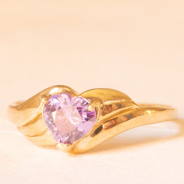 Anello vintage in oro giallo 9K con cubic zirconia viola di taglio a cuore, anni ‘80