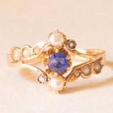 Anello Art Nouveau francese in oro giallo 18K con iolite (0.20ct ca.), diamanti di taglio rosetta e perline bianche, anni ‘10/‘20