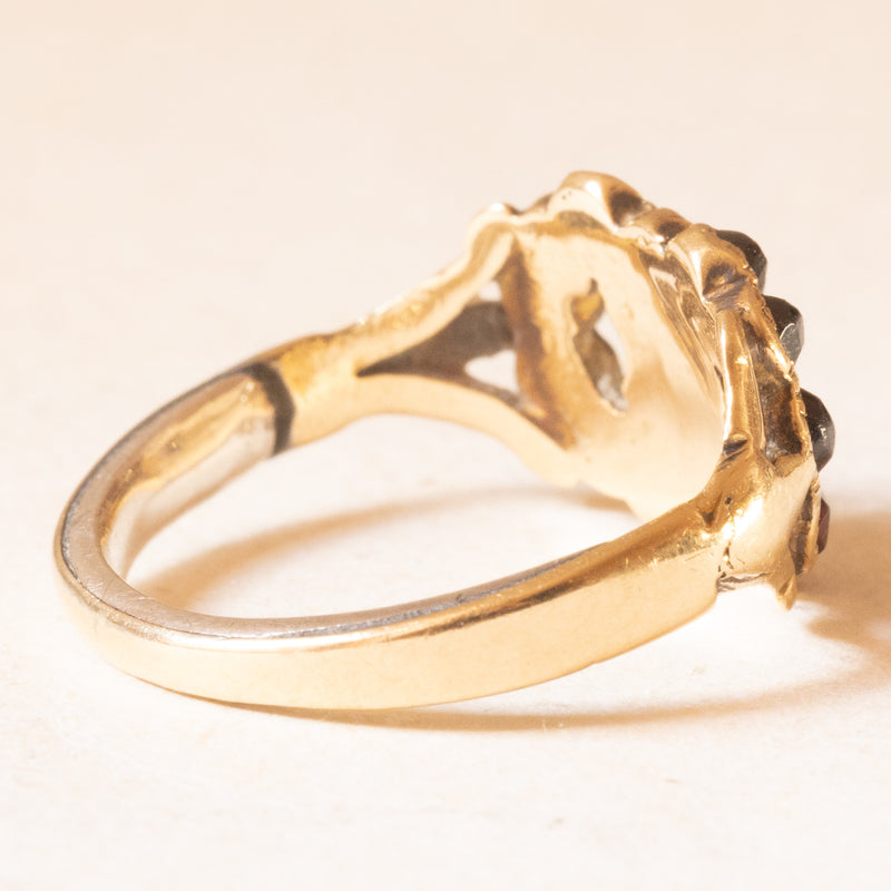 Anello a forma di infinito antico in oro giallo 8K con turchesi e granati, fine ‘800/primi del ‘900