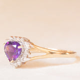 Anello a margherita in oro giallo e bianco 9K con ametista di taglio a cuore (0.70ct ca.) e diamanti (0.18ctw ca.), anno 2003