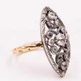 Anello a navette antico in oro giallo 14K e argento con diamanti di taglio rosetta (0.30ctw ca.), primi del ‘900