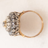 Anello a margherita vintage in stile antico in oro giallo 18K e argento con zaffiri (1ctw ca.) e diamanti di taglio rosetta (0.12ctw ca.), anni ‘60/‘70