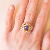 Vintage 18K yellow gold ring with sapphire (1.20ct approx.) and marquise and baguette cut diamonds (2.70ctw approx.), 70s