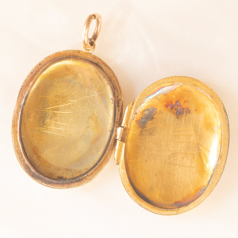 Ciondolo portafoto ovale vintage con lamina in oro giallo 9K su metallo, anni ‘40/‘50