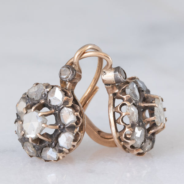 Orecchini antichi in oro giallo 18K e argento con diamanti di taglio rosetta (1ctw ca.), fine ‘800/primi ‘900