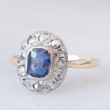 Anello a margherita antico in oro giallo 18K e argento con zaffiro e diamanti di taglio rosetta, anni ‘10/‘20