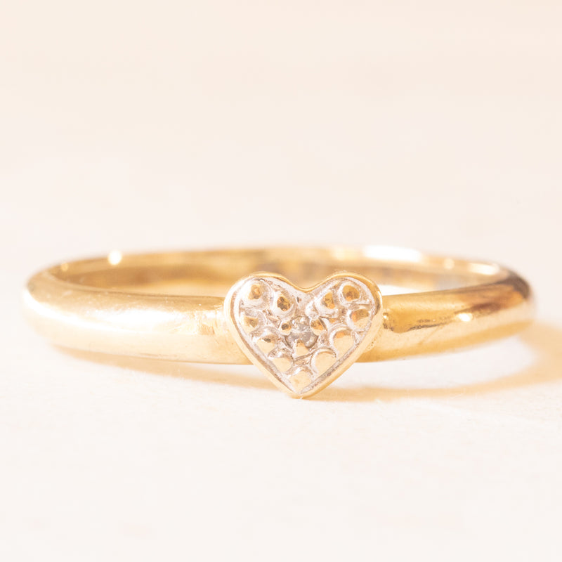 Anello vintage con fede in oro giallo 9K e con decorazione a forma di cuore in oro bianco 9K con diamante, anni ‘50