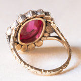 Vintage 14K Yellow Gold and Silver Antique Style Daisy Ring with Synthetic Ruby (approx. 4.60ct) and Rosette Cut Diamonds, 50s/60s