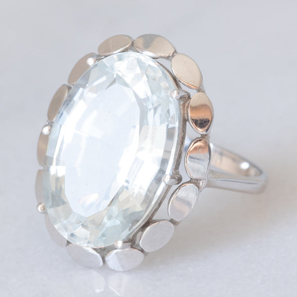 Anello da cocktail vintage in oro bianco 14K con acquamarina (10ct ca.), anni ‘80