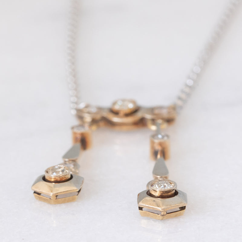 Collier Art Déco négligé in oro giallo e bianco 18K e 14K con diamanti di taglio vecchia miniera (0.30ctw ca.), anni ‘30