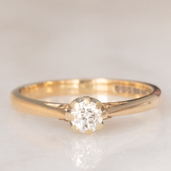 Solitario vintage in oro giallo 9K con diamante di taglio brillante (0.20ct ca.), anni ‘80/‘90