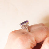 Bague vintage en or blanc 18 carats avec améthyste (environ 7 ct) et diamants taille brillant (environ 0.50 ct), années 70