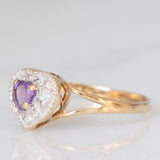 Anello vintage in oro giallo e bianco 9K con ametista di taglio a cuore (0.22ct ca.) e diamante, anni ‘90
