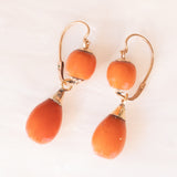 Vintage 2K Yellow Gold 1 in 18 Orange Coral Earrings, 50s